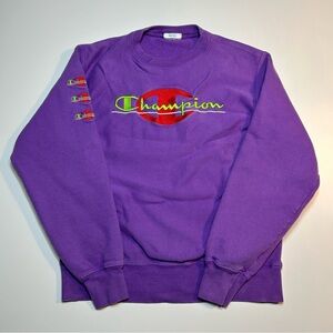 Champion Purple Big Logo Crewneck Sweatshirt Sleeve Detail Spellout
